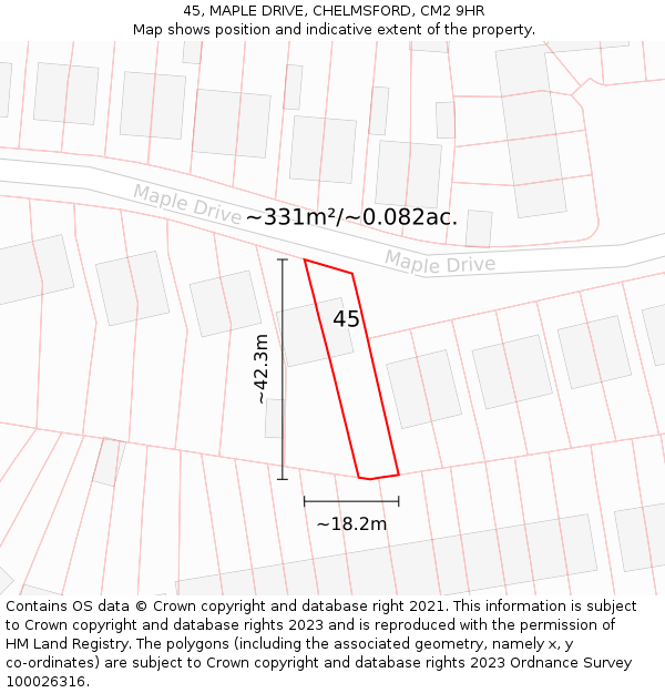 45, MAPLE DRIVE, CHELMSFORD, CM2 9HR: Plot and title map