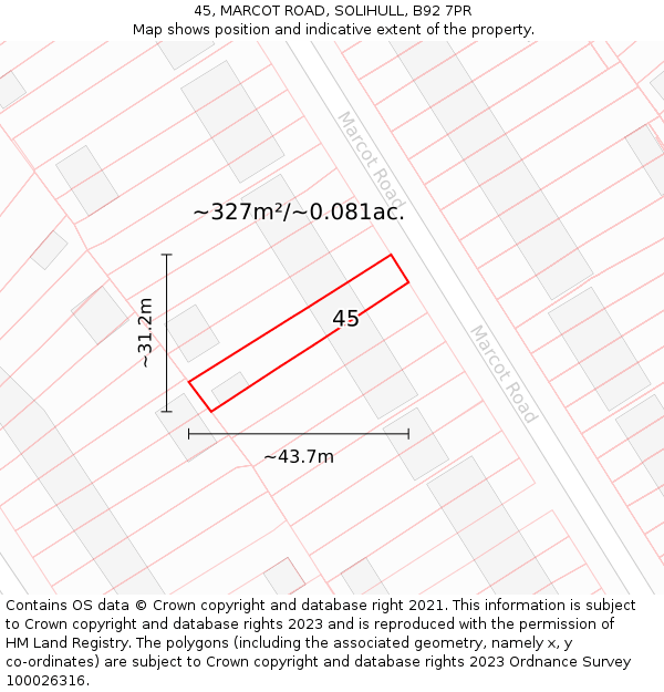 45, MARCOT ROAD, SOLIHULL, B92 7PR: Plot and title map