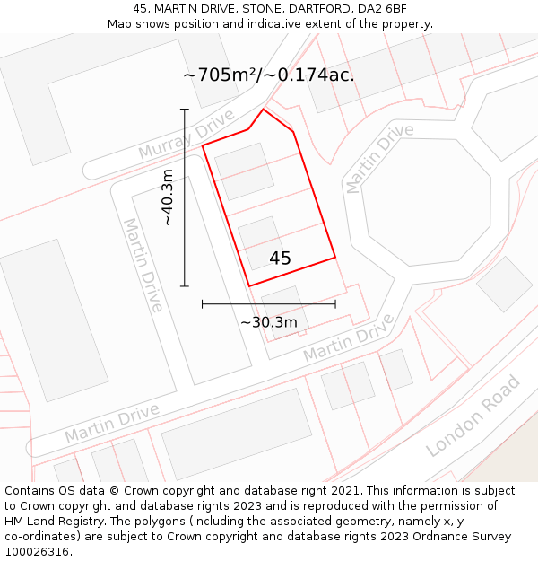 45, MARTIN DRIVE, STONE, DARTFORD, DA2 6BF: Plot and title map