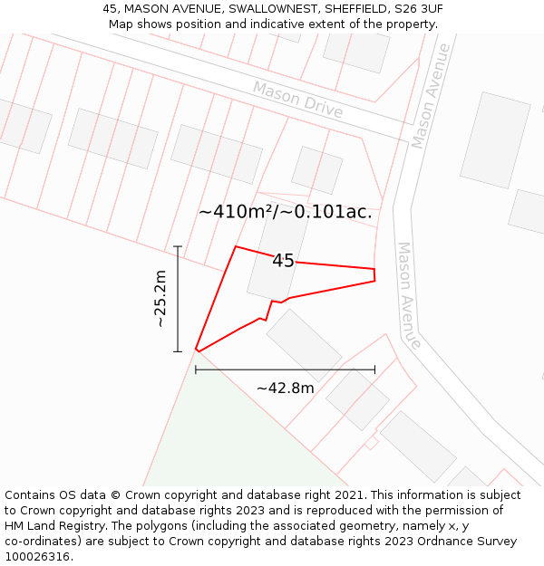 45, MASON AVENUE, SWALLOWNEST, SHEFFIELD, S26 3UF: Plot and title map