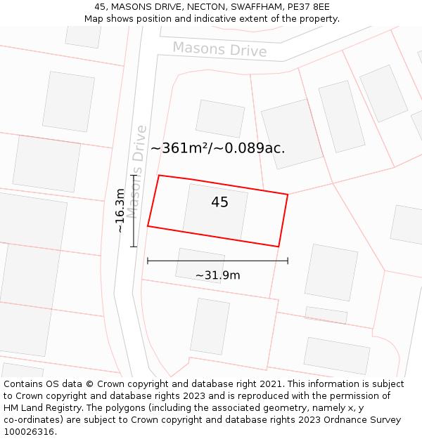 45, MASONS DRIVE, NECTON, SWAFFHAM, PE37 8EE: Plot and title map