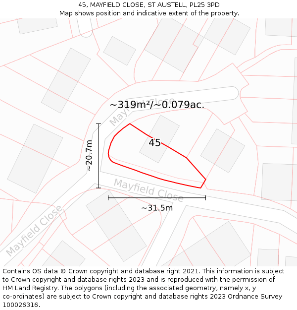 45, MAYFIELD CLOSE, ST AUSTELL, PL25 3PD: Plot and title map