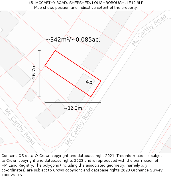 45, MCCARTHY ROAD, SHEPSHED, LOUGHBOROUGH, LE12 9LP: Plot and title map