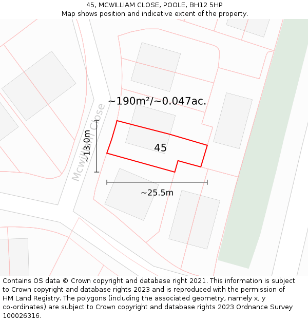 45, MCWILLIAM CLOSE, POOLE, BH12 5HP: Plot and title map
