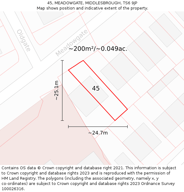 45, MEADOWGATE, MIDDLESBROUGH, TS6 9JP: Plot and title map