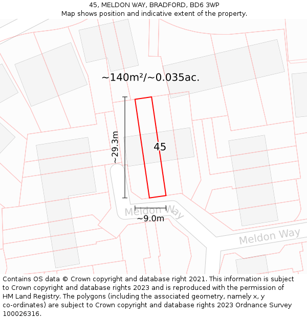 45, MELDON WAY, BRADFORD, BD6 3WP: Plot and title map