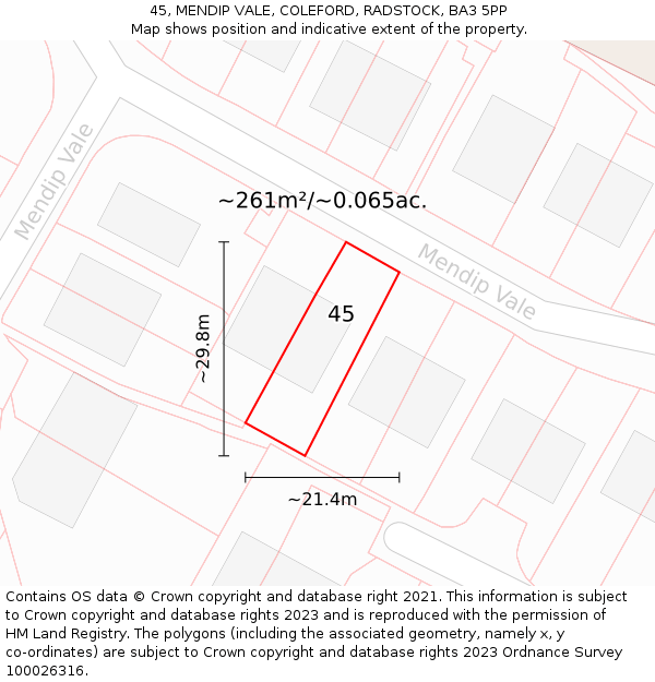 45, MENDIP VALE, COLEFORD, RADSTOCK, BA3 5PP: Plot and title map