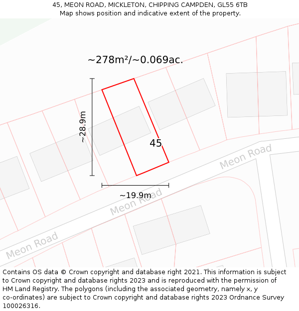 45, MEON ROAD, MICKLETON, CHIPPING CAMPDEN, GL55 6TB: Plot and title map