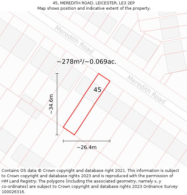 45, MEREDITH ROAD, LEICESTER, LE3 2EP: Plot and title map