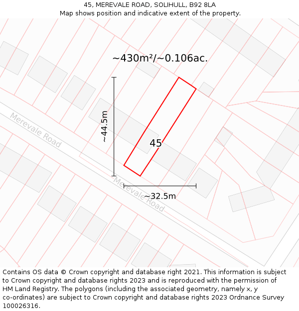 45, MEREVALE ROAD, SOLIHULL, B92 8LA: Plot and title map