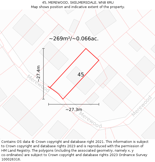 45, MEREWOOD, SKELMERSDALE, WN8 6RU: Plot and title map