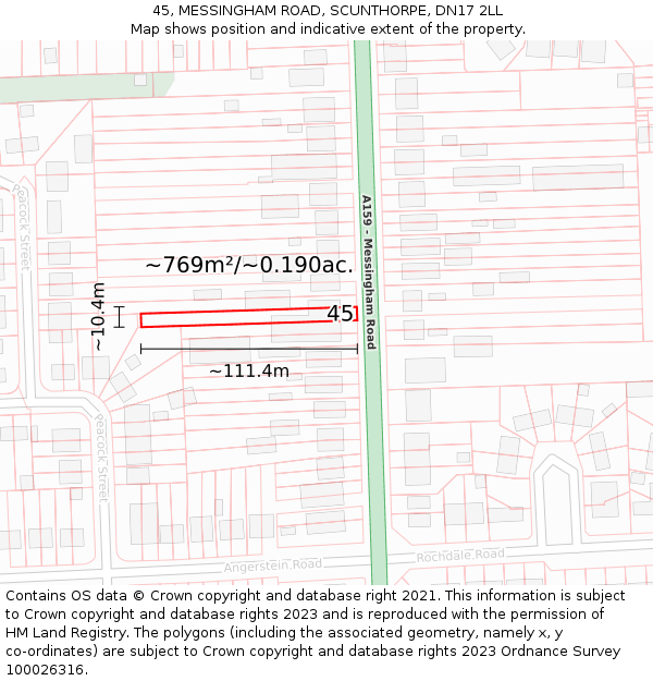 45, MESSINGHAM ROAD, SCUNTHORPE, DN17 2LL: Plot and title map