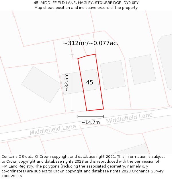 45, MIDDLEFIELD LANE, HAGLEY, STOURBRIDGE, DY9 0PY: Plot and title map