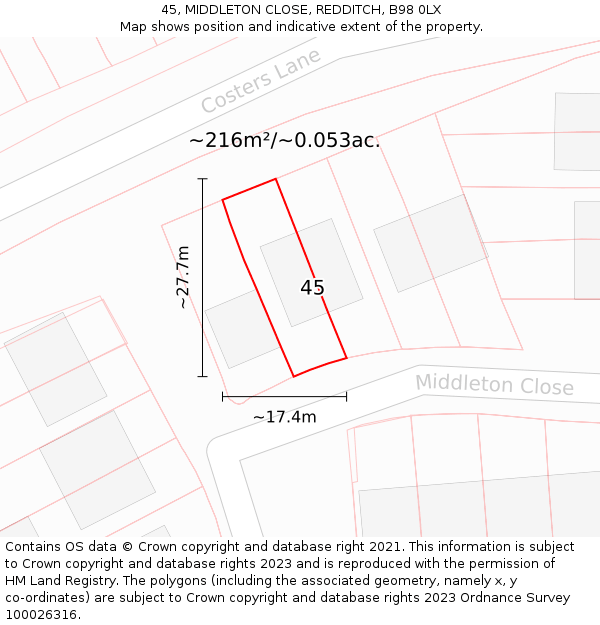 45, MIDDLETON CLOSE, REDDITCH, B98 0LX: Plot and title map