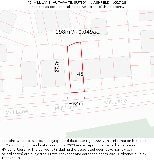 45, MILL LANE, HUTHWAITE, SUTTON-IN-ASHFIELD, NG17 2SJ: Plot and title map