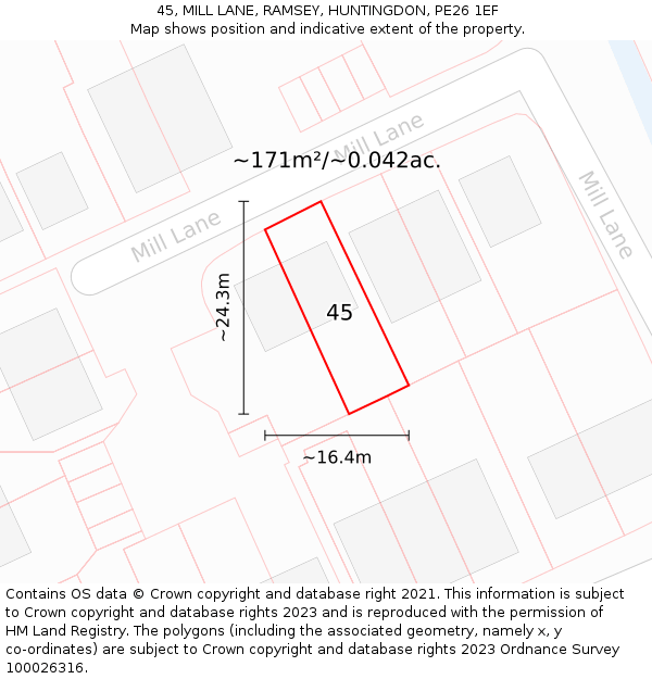 45, MILL LANE, RAMSEY, HUNTINGDON, PE26 1EF: Plot and title map