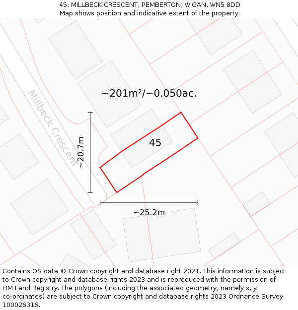 45, MILLBECK CRESCENT, PEMBERTON, WIGAN, WN5 8DD: Plot and title map