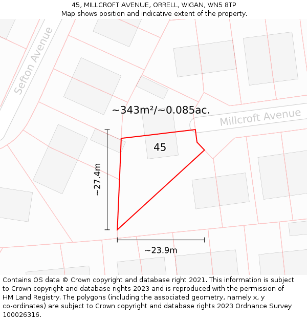 45, MILLCROFT AVENUE, ORRELL, WIGAN, WN5 8TP: Plot and title map