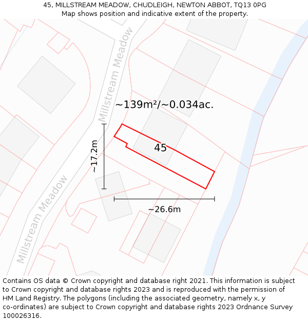 45, MILLSTREAM MEADOW, CHUDLEIGH, NEWTON ABBOT, TQ13 0PG: Plot and title map
