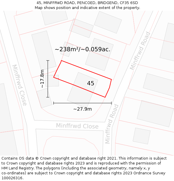 45, MINFFRWD ROAD, PENCOED, BRIDGEND, CF35 6SD: Plot and title map