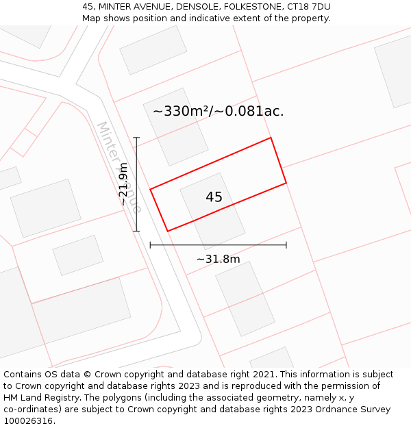45, MINTER AVENUE, DENSOLE, FOLKESTONE, CT18 7DU: Plot and title map
