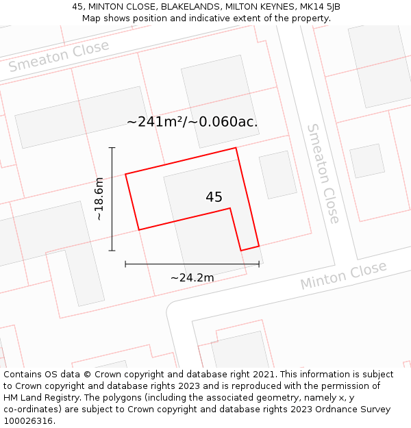 45, MINTON CLOSE, BLAKELANDS, MILTON KEYNES, MK14 5JB: Plot and title map