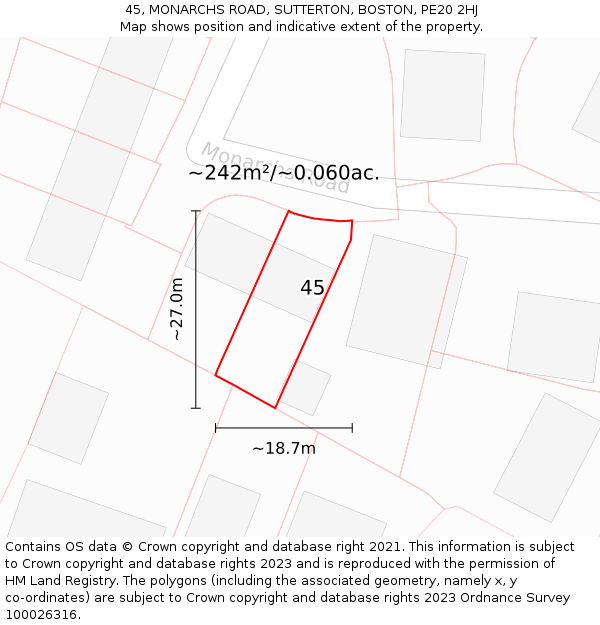 45, MONARCHS ROAD, SUTTERTON, BOSTON, PE20 2HJ: Plot and title map