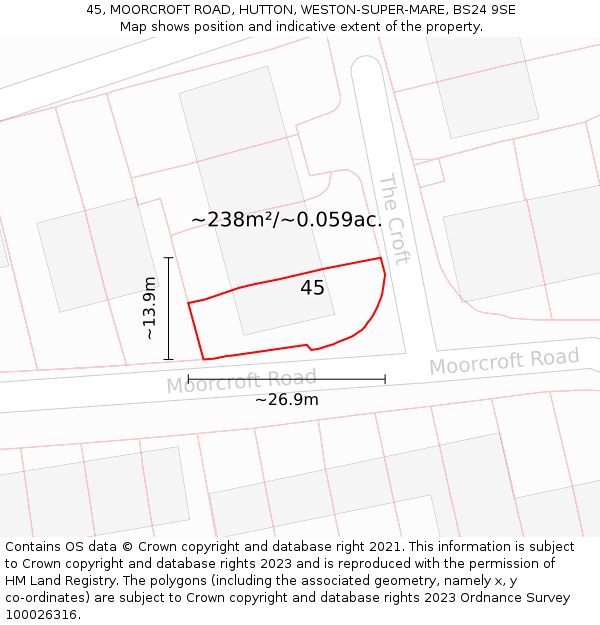 45, MOORCROFT ROAD, HUTTON, WESTON-SUPER-MARE, BS24 9SE: Plot and title map