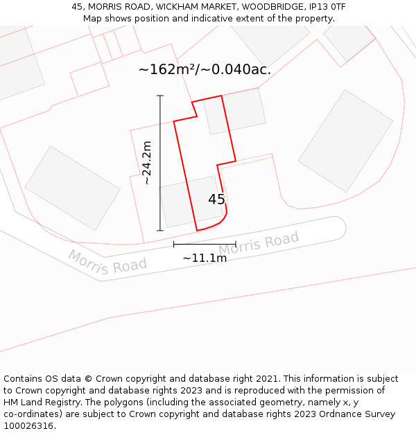45, MORRIS ROAD, WICKHAM MARKET, WOODBRIDGE, IP13 0TF: Plot and title map