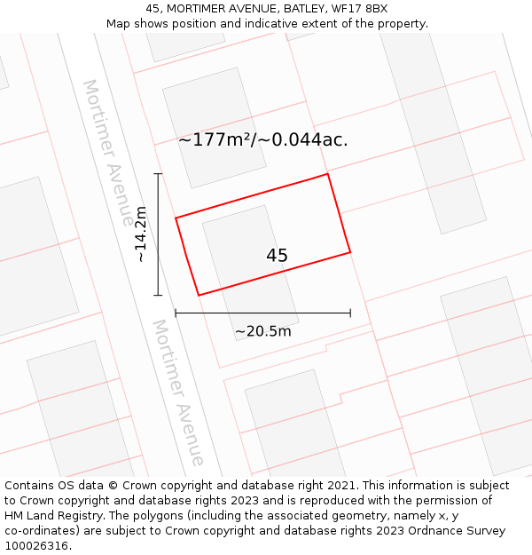 45, MORTIMER AVENUE, BATLEY, WF17 8BX: Plot and title map