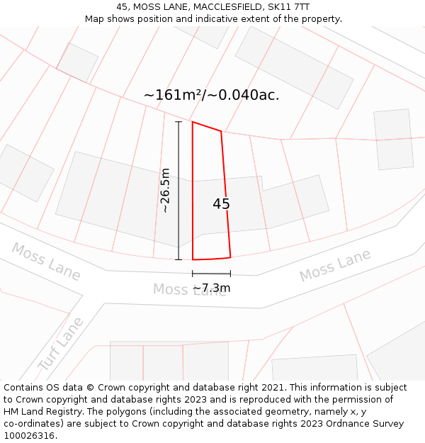45, MOSS LANE, MACCLESFIELD, SK11 7TT: Plot and title map