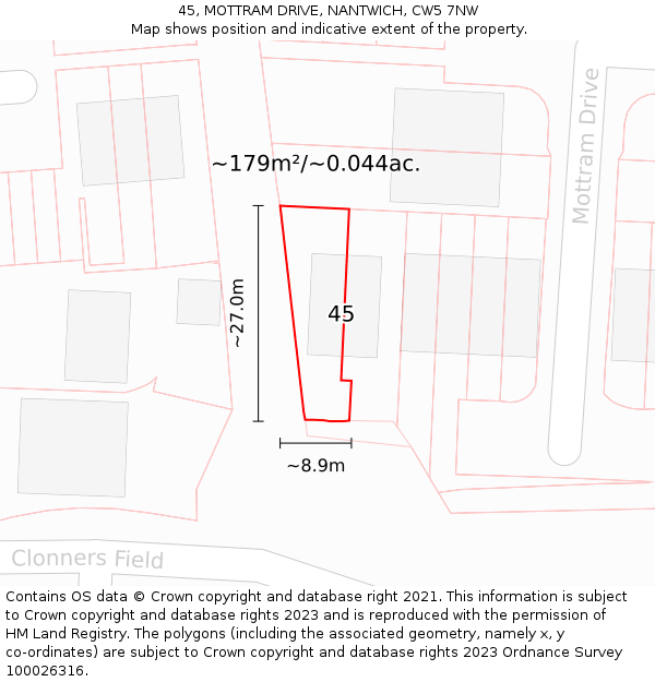 45, MOTTRAM DRIVE, NANTWICH, CW5 7NW: Plot and title map