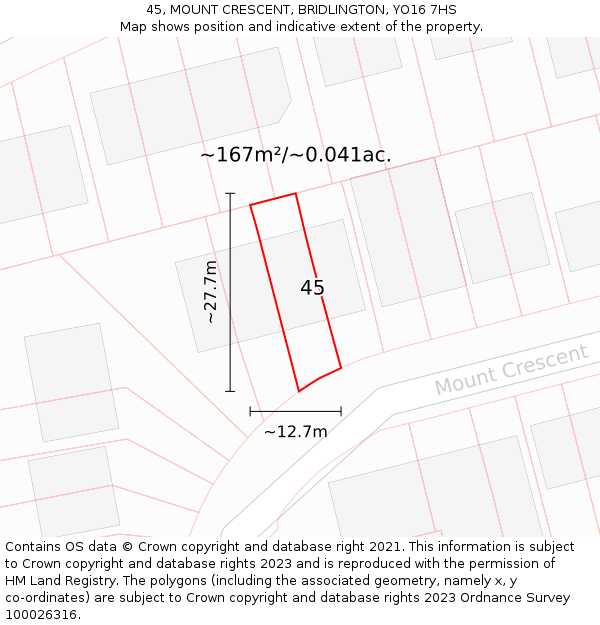 45, MOUNT CRESCENT, BRIDLINGTON, YO16 7HS: Plot and title map
