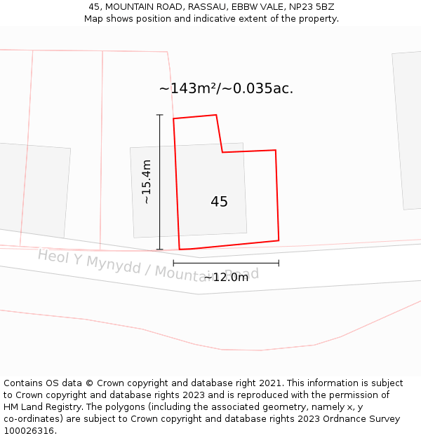 45, MOUNTAIN ROAD, RASSAU, EBBW VALE, NP23 5BZ: Plot and title map