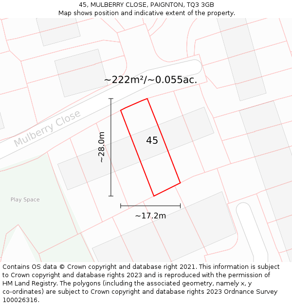 45, MULBERRY CLOSE, PAIGNTON, TQ3 3GB: Plot and title map