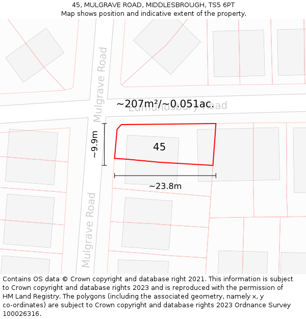 45, MULGRAVE ROAD, MIDDLESBROUGH, TS5 6PT: Plot and title map