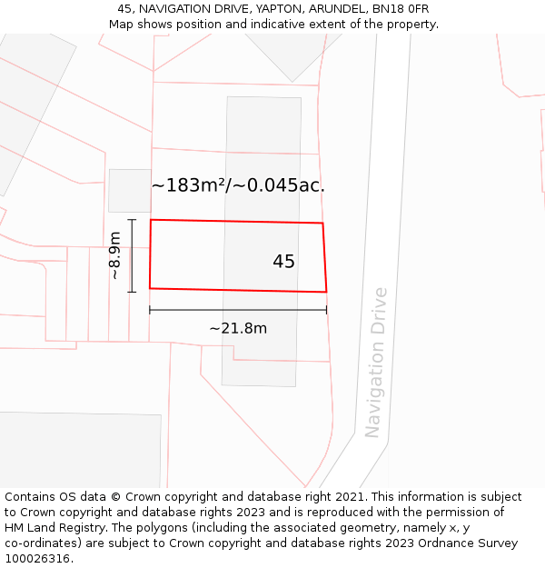 45, NAVIGATION DRIVE, YAPTON, ARUNDEL, BN18 0FR: Plot and title map