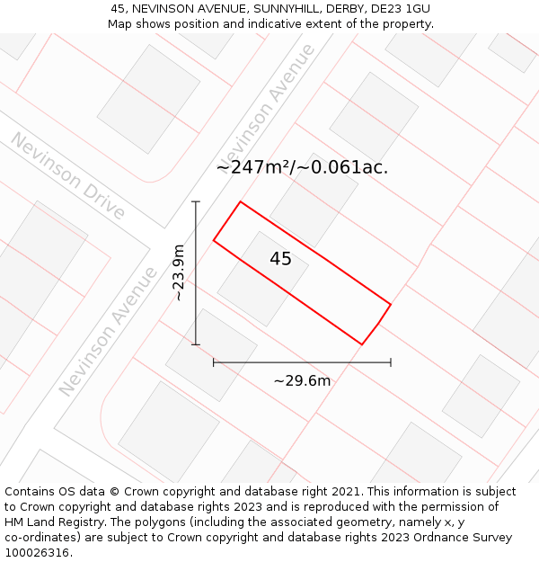 45, NEVINSON AVENUE, SUNNYHILL, DERBY, DE23 1GU: Plot and title map