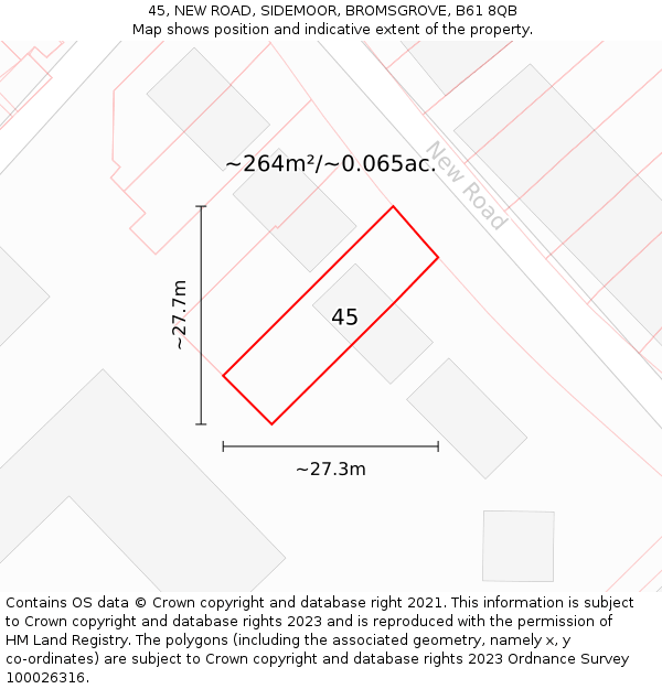 45, NEW ROAD, SIDEMOOR, BROMSGROVE, B61 8QB: Plot and title map