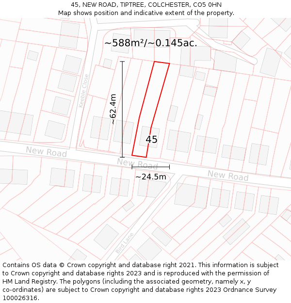 45, NEW ROAD, TIPTREE, COLCHESTER, CO5 0HN: Plot and title map