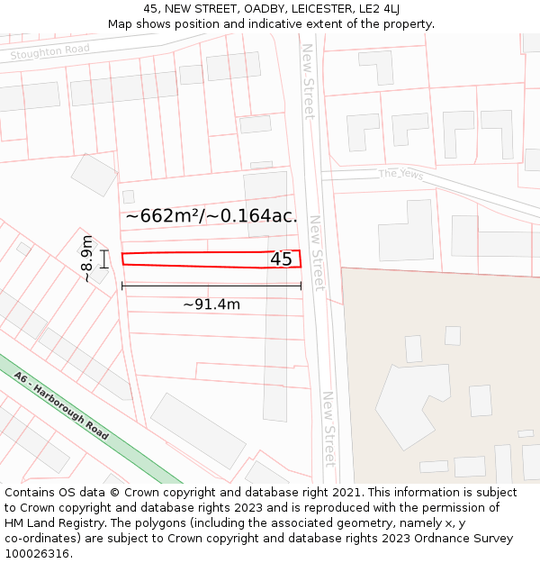 45, NEW STREET, OADBY, LEICESTER, LE2 4LJ: Plot and title map
