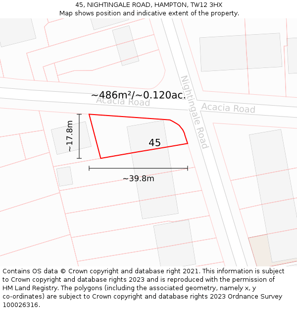 45, NIGHTINGALE ROAD, HAMPTON, TW12 3HX: Plot and title map