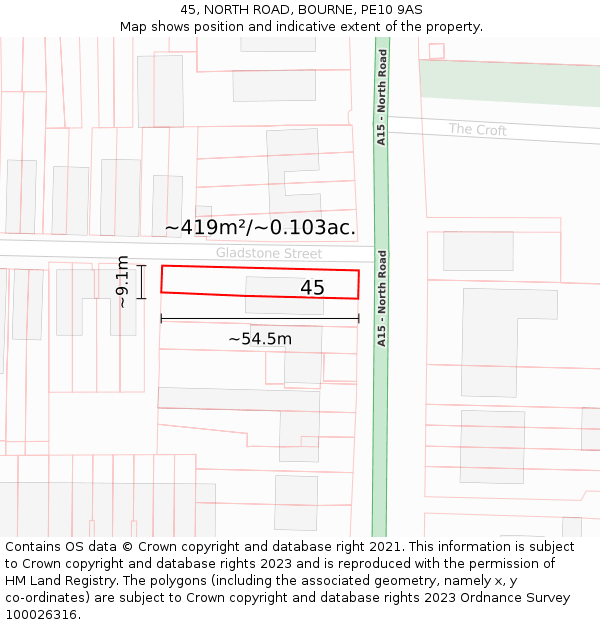 45, NORTH ROAD, BOURNE, PE10 9AS: Plot and title map