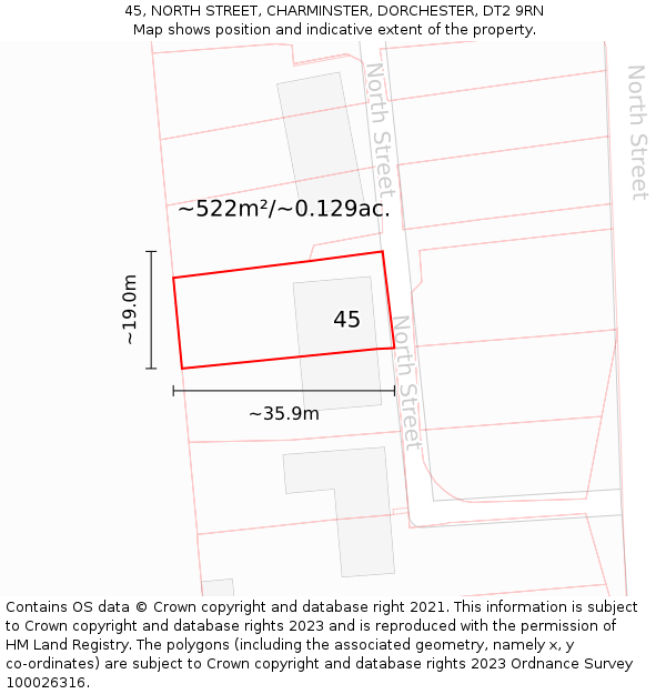 45, NORTH STREET, CHARMINSTER, DORCHESTER, DT2 9RN: Plot and title map
