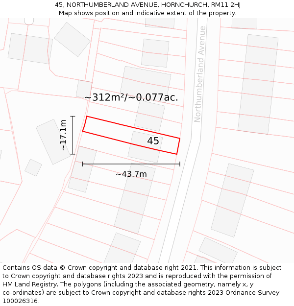 45, NORTHUMBERLAND AVENUE, HORNCHURCH, RM11 2HJ: Plot and title map
