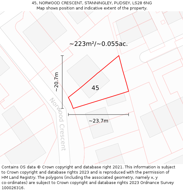 45, NORWOOD CRESCENT, STANNINGLEY, PUDSEY, LS28 6NG: Plot and title map