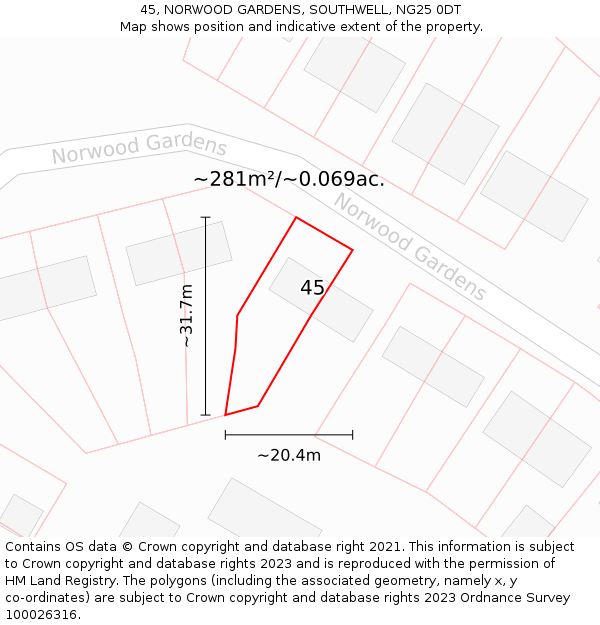 45, NORWOOD GARDENS, SOUTHWELL, NG25 0DT: Plot and title map