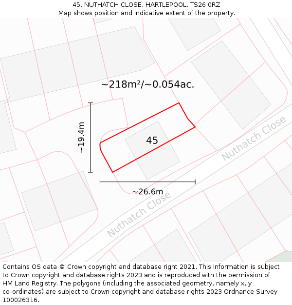 45, NUTHATCH CLOSE, HARTLEPOOL, TS26 0RZ: Plot and title map