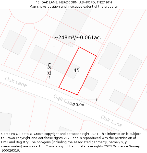 45, OAK LANE, HEADCORN, ASHFORD, TN27 9TH: Plot and title map