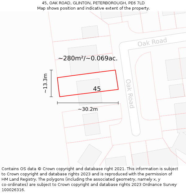 45, OAK ROAD, GLINTON, PETERBOROUGH, PE6 7LD: Plot and title map